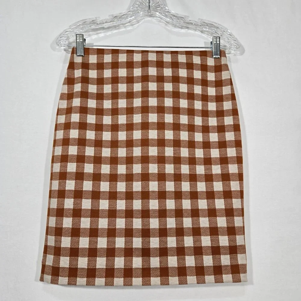 ACADEMIA - SIREN Brown & Beige Checkered Ponte Knit Pencil Mini Skirt PETITE XSP - Picture 3 of 16